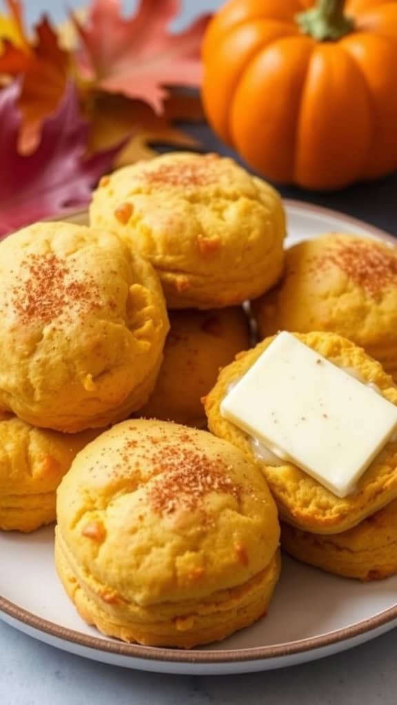Pumpkin Spice Keto Biscuits Recipe A plate of pumpkin spice keto biscuits with butter, surrounded by autumn leaves and a pumpkin.