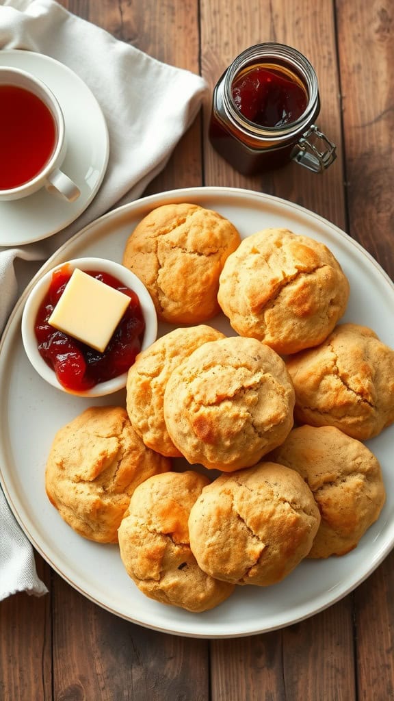 Fluffy Flaxseed Meal Biscuits Recipe Fluffy flaxseed meal biscuits on a rustic plate with butter and jam, served on a wooden table.