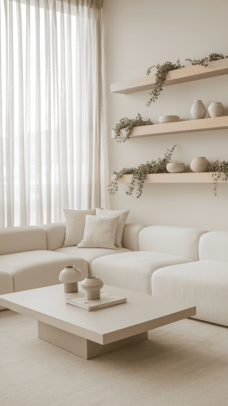 A minimalist living room with a white sectional sofa, natural wood accents, a round coffee table, wall-mounted shelves with ceramics and greenery, and sheer curtains letting in soft light.