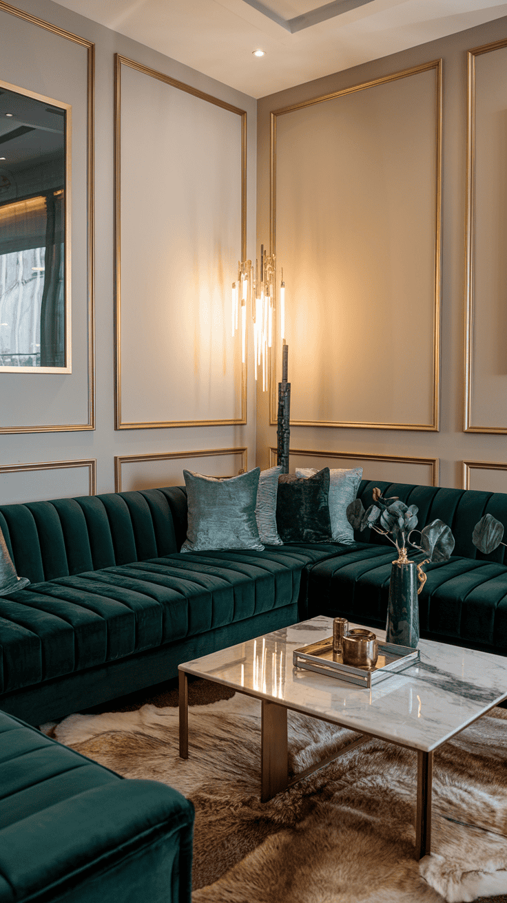 A dramatic living room with a deep green velvet sectional, gold-framed wall art, a marble coffee table, a fur rug, and soft lighting from a modern floor lamp.