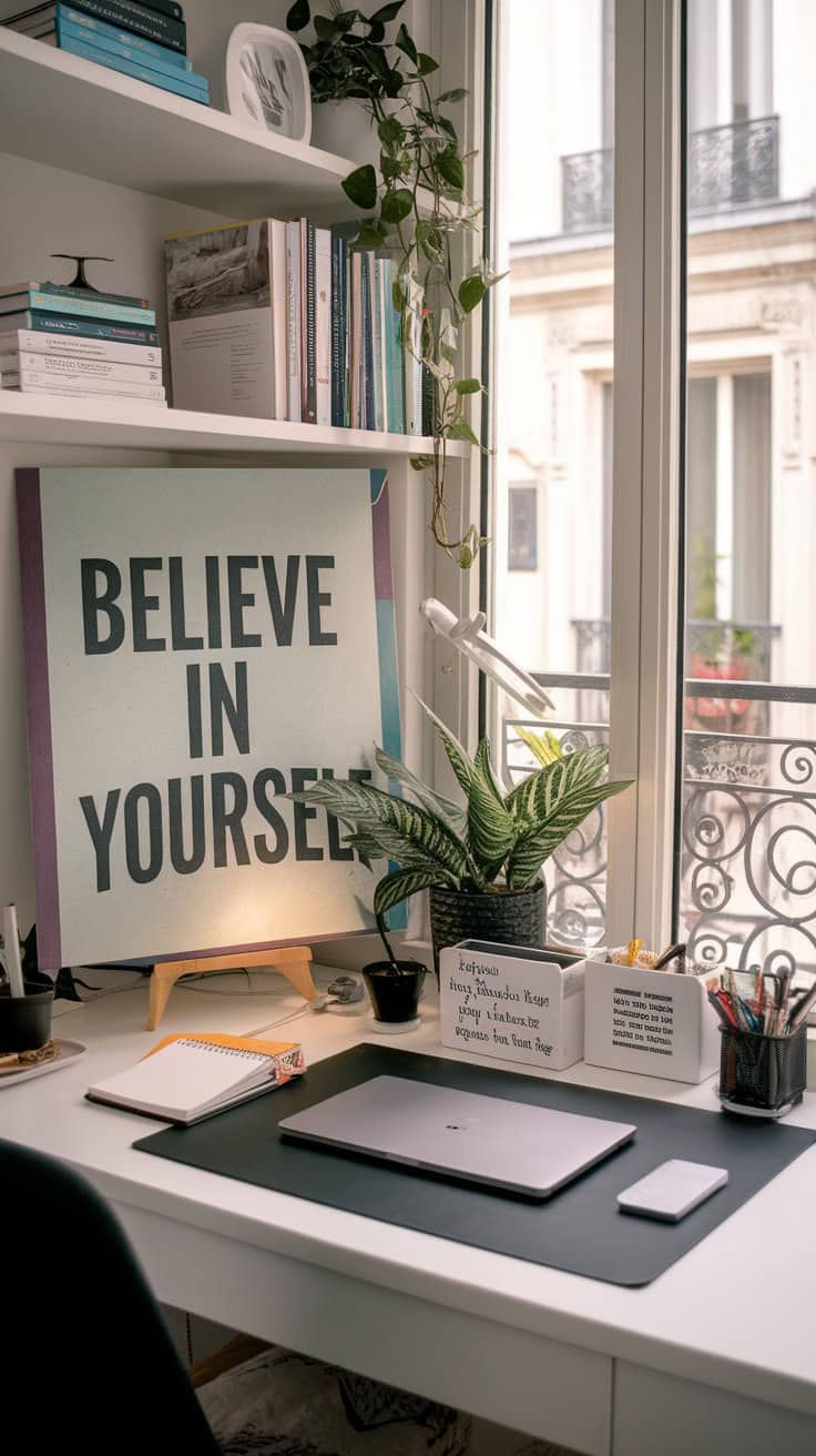 A feminine Parisian home office featuring a motivational sign, plants, and a laptop.