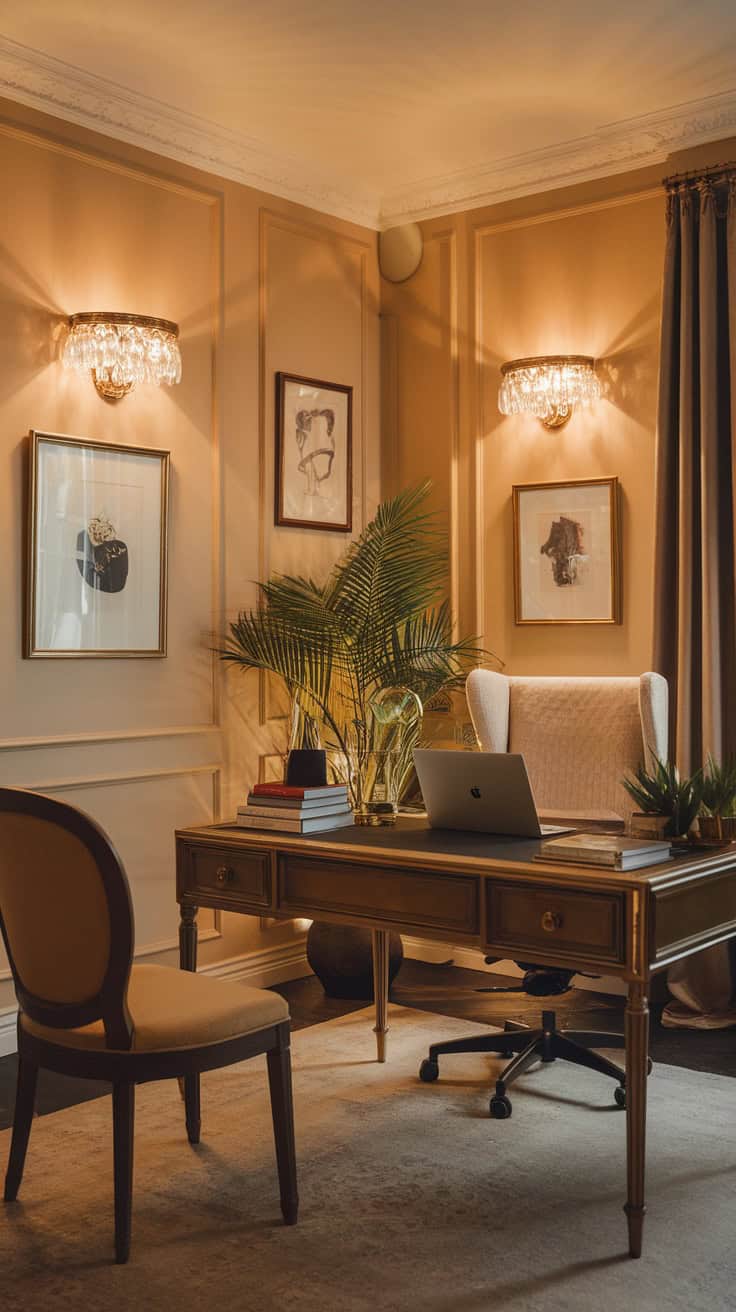 A stylish home office with elegant lighting, featuring wall sconces and a cozy desk setup.