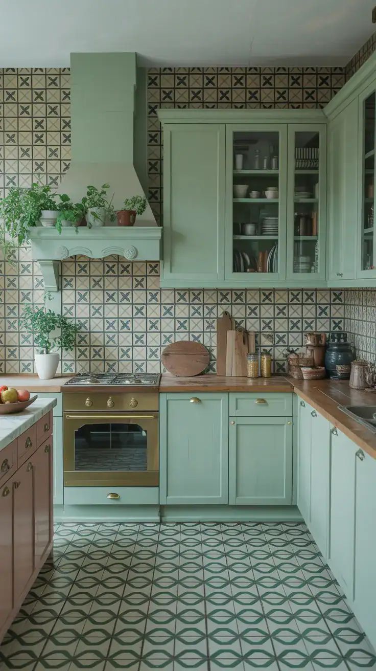 A beautiful kitchen featuring traditional tile patterns with mint green cabinets and a patterned floor.