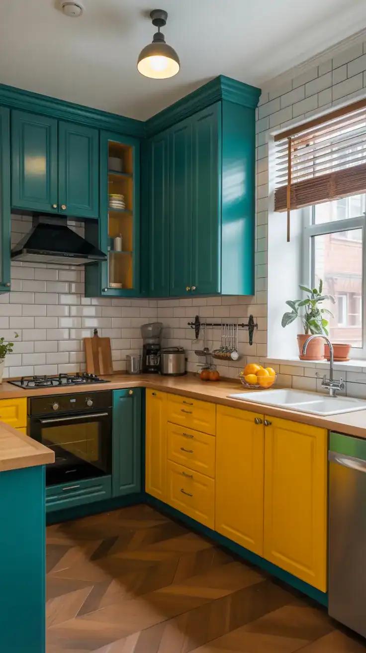 A kitchen featuring bold color combinations of teal cabinets and yellow drawers, with a warm and inviting atmosphere.