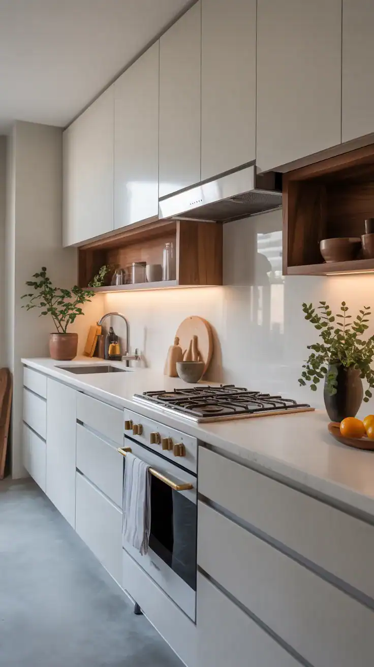 A sleek minimalist kitchen featuring white cabinets, a modern stovetop, and natural wood accents.