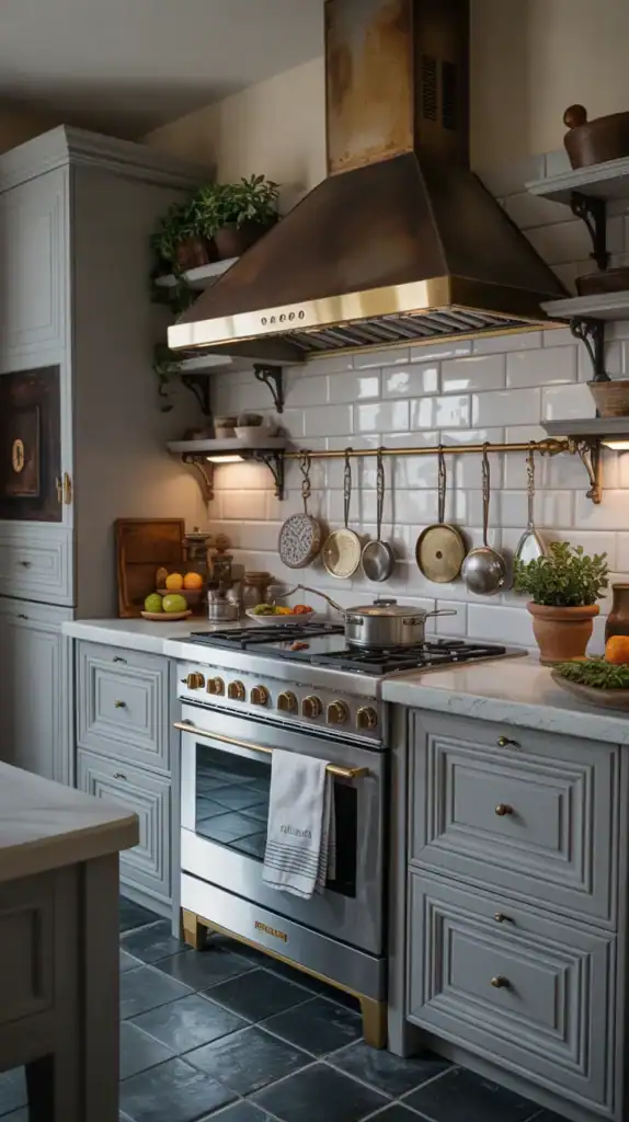 Beautiful Italian kitchen featuring a gourmet cooking station with modern appliances and stylish decor.
