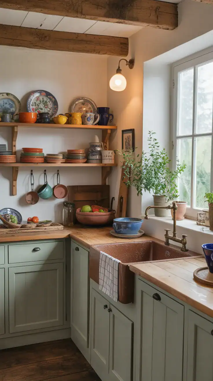 A cozy farmhouse kitchen featuring wooden beams, open shelves with colorful dishes, a rustic sink, and natural light.