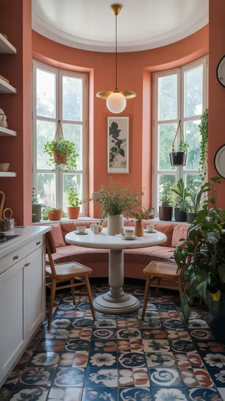 Charming breakfast nook with a round table, plants, and floral decor.