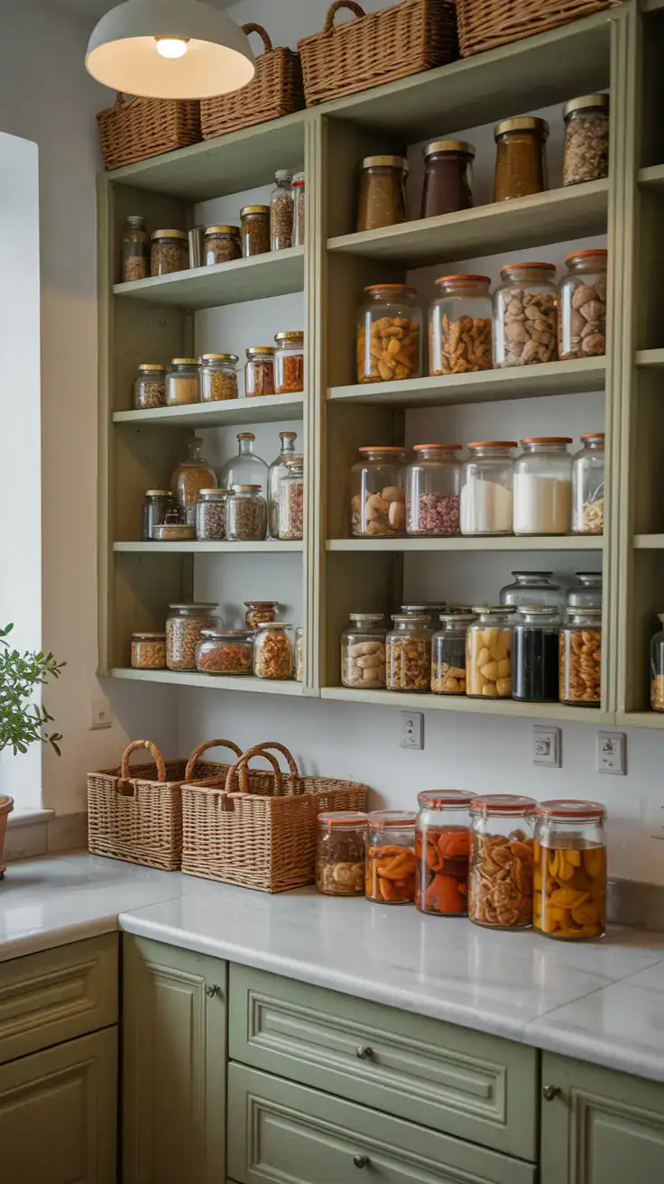 A neatly organized pantry with jars, containers, and a clean countertop.
