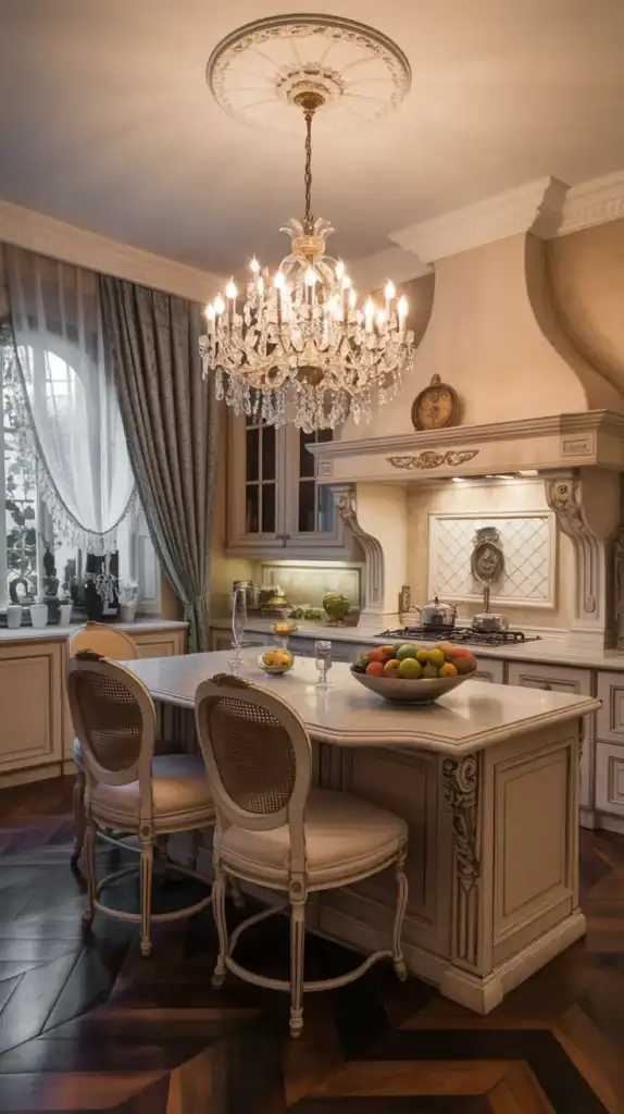 A beautifully designed kitchen featuring luxurious chandelier lighting and elegant decor.