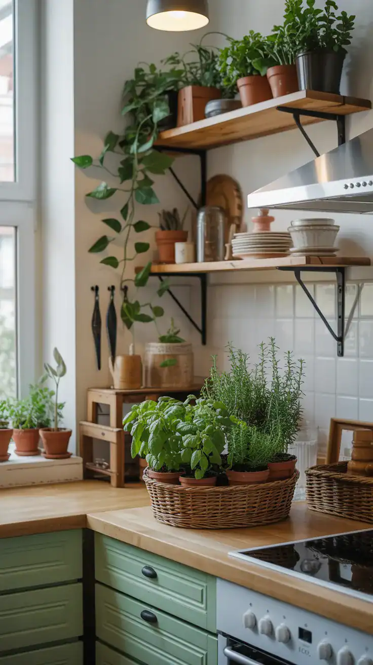 A cozy kitchen with herb plants on the counter, surrounded by shelves with additional greenery.
