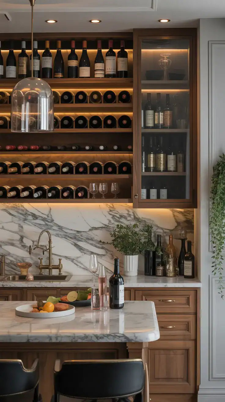 A sophisticated kitchen bar area featuring marble countertops, wine storage, and a variety of bottles.