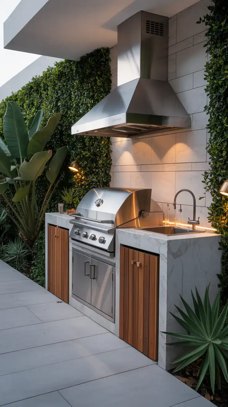A modern outdoor kitchen with a stylish design and plants.