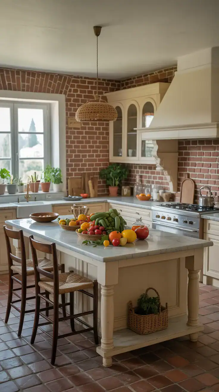 A family-friendly kitchen with a large island, featuring fresh fruits and vegetables on the counter.