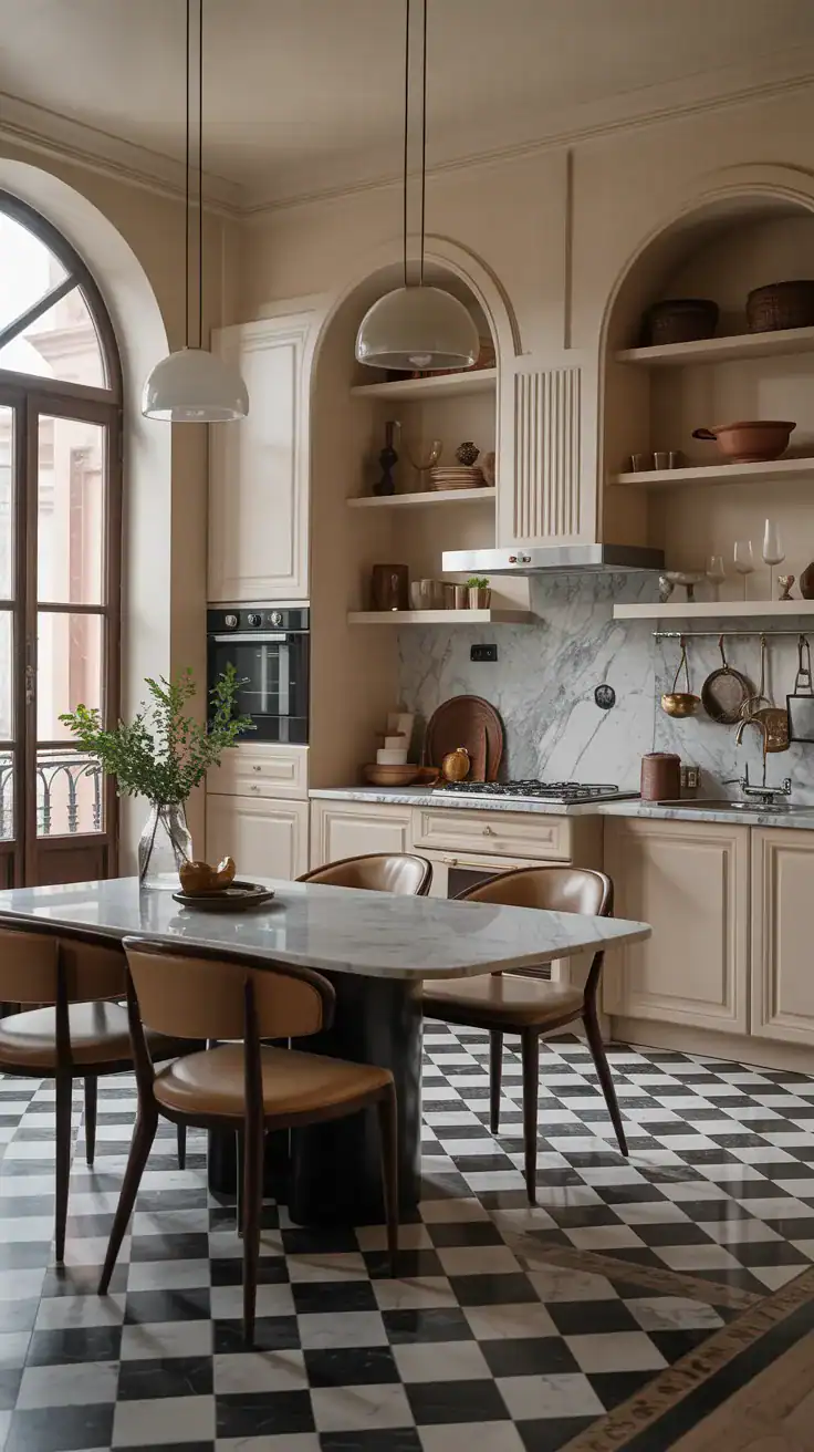 A stylish kitchen with a dining area, featuring a marble table and elegant chairs.