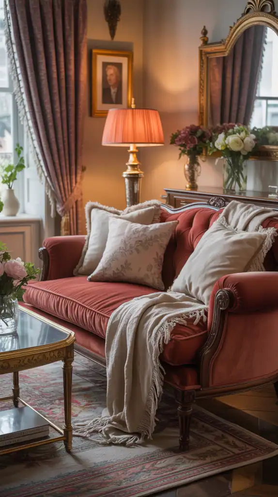 A cozy Victorian living room featuring layered textiles, a warm color palette, and elegant decor.
