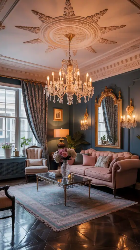 A beautifully decorated Victorian living room featuring intricate ceiling design and a stunning chandelier.
