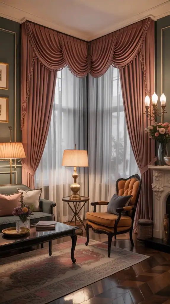A beautifully decorated Victorian living room with elegant curtains and drapery, showcasing classic interior design elements.