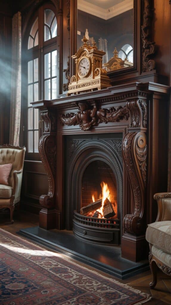 An ornate Victorian fireplace with intricate designs and a cozy fire. 
