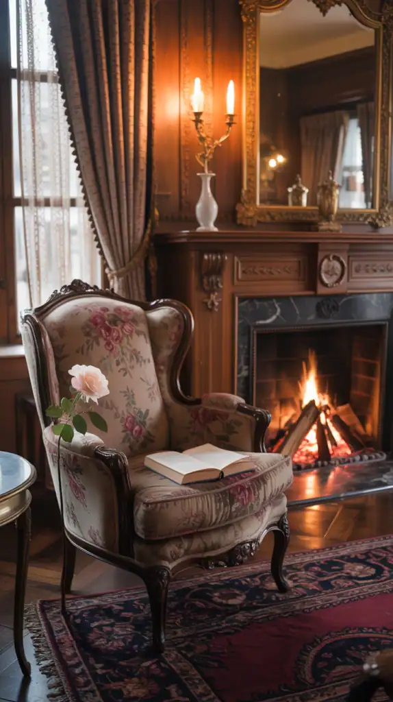 Cozy Victorian living room with rich wood finishes and elegant decor