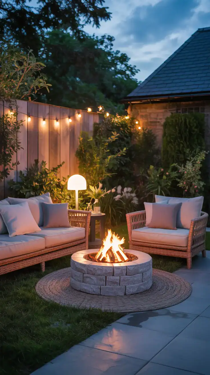 Cozy backyard at dusk with a small circular stone fire pit glowing, neutral seating and warm ambient lighting in a modern cottage garden setting