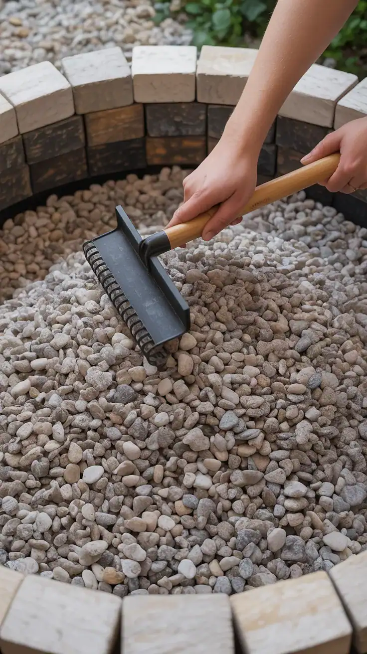 Gravel being spread evenly inside a circular fire pit base with hands using tools in a backyard setting