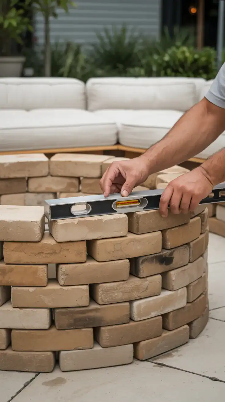 First layer of circular fire pit stones being arranged with hands adjusting blocks using a level tool