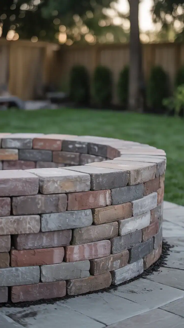 Half-built stone fire pit wall with staggered bricks in a clean backyard setting