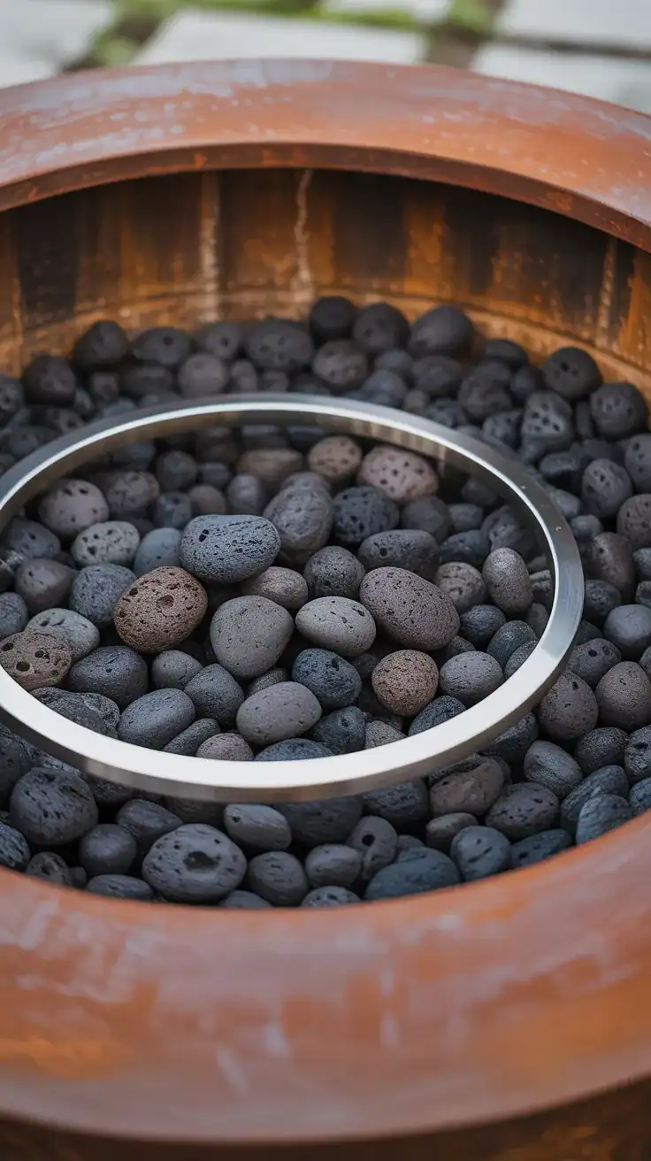 Fire pit interior with metal ring and lava rocks in a clean, symmetrical layout