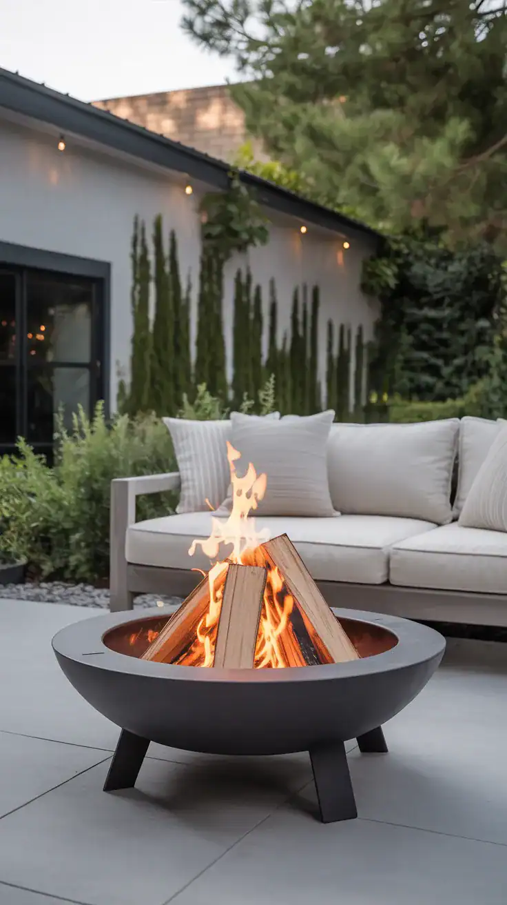 Completed fire pit in daylight on a clean patio with neutral tones before first use