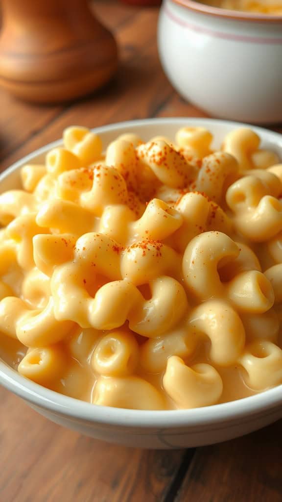 Creamy Crockpot Mac and Cheese Recipe A comforting bowl of creamy mac and cheese topped with paprika, served in a cozy kitchen.