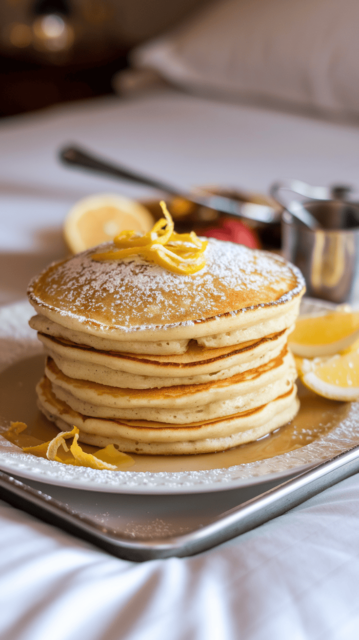Light ricotta pancakes topped with powdered sugar and lemon zest, served with lemon-infused syrup.