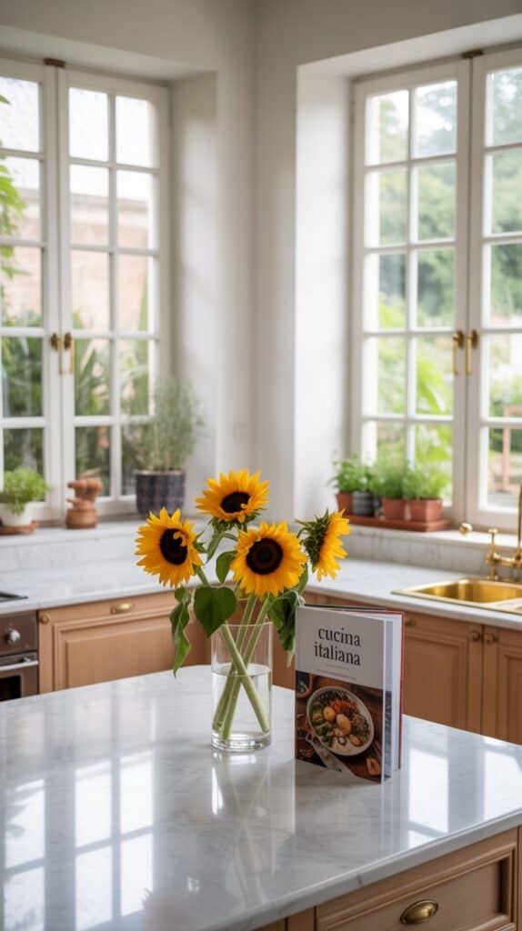 Bright kitchen with large windows, wooden cabinets, and plants