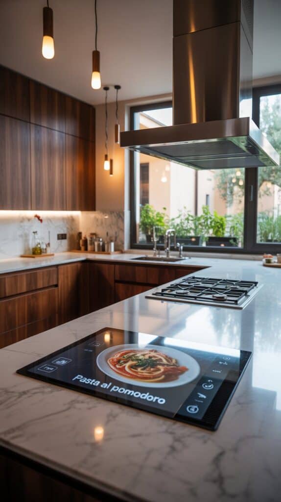 A modern Italian kitchen showcasing integrated technology with wooden cabinetry and stylish lighting.