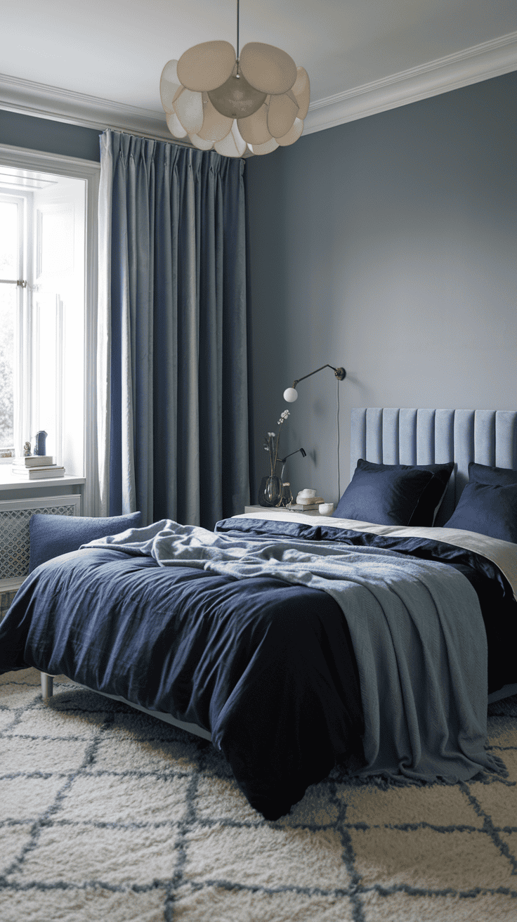 Monochromatic Blues – A cosy bedroom with layered shades of blue, from navy bedding to sky blue curtains, muted blue-grey walls, and a plush rug.