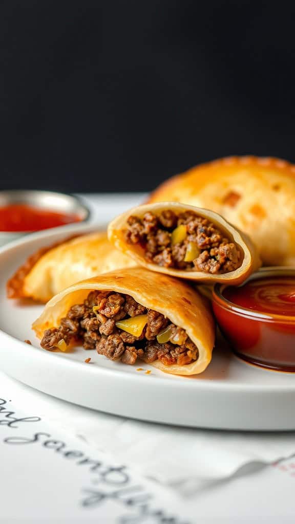 Delicious beef and cheese empanadas served on a plate with a side of dipping sauce.