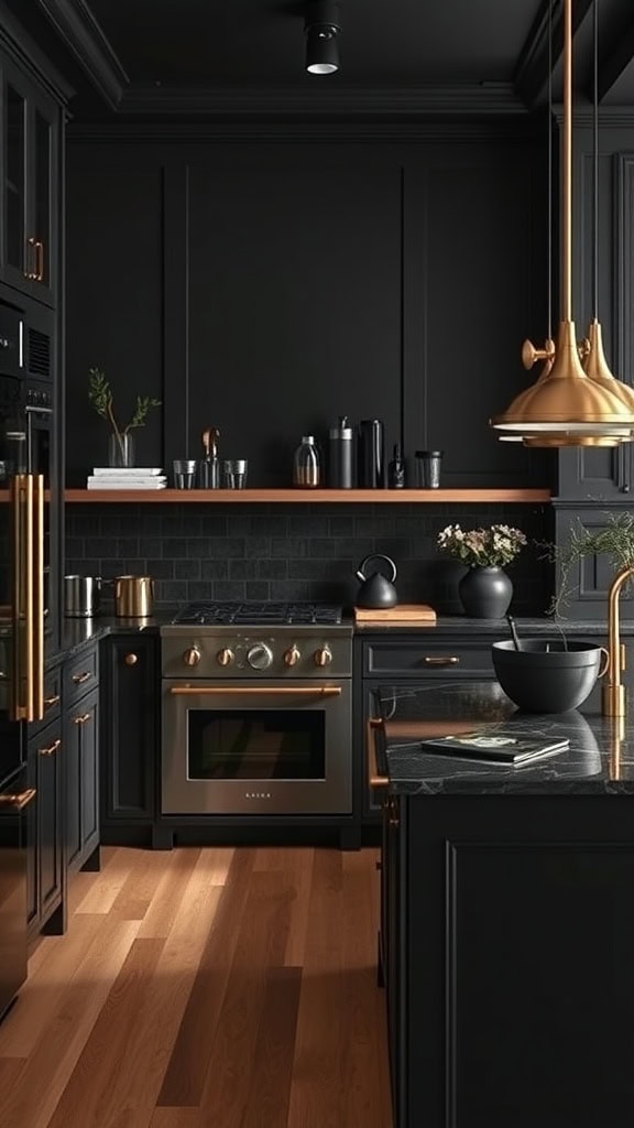 A modern black kitchen featuring brass accents and wooden flooring.