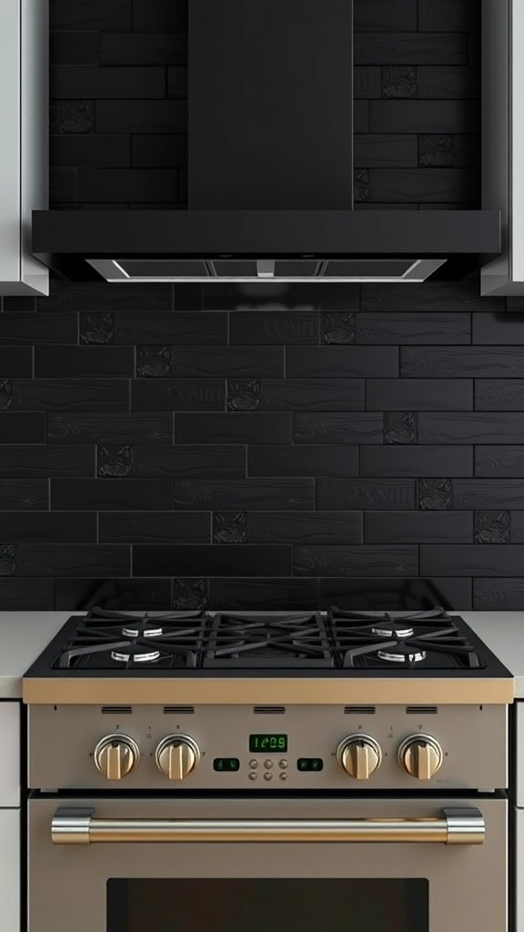 A modern kitchen with a black backsplash and gold-accented stove.