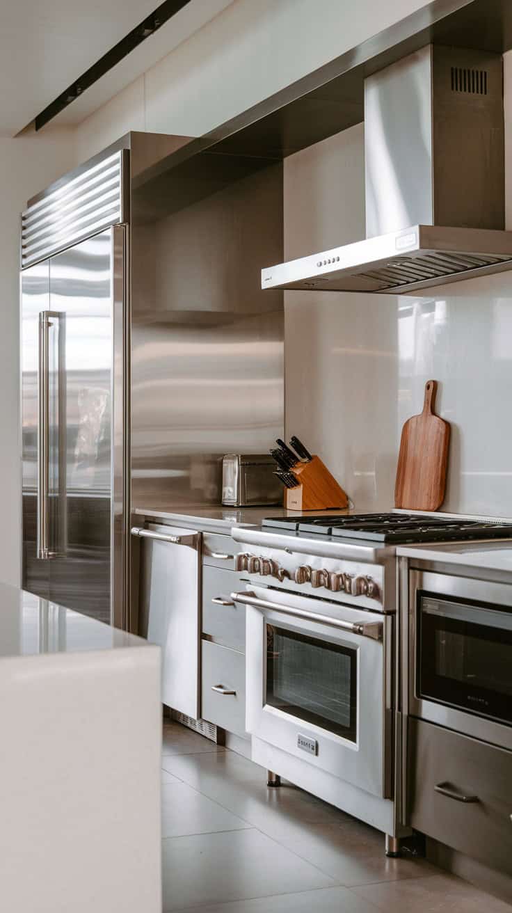 Modern luxury kitchen featuring high-end stainless steel appliances.