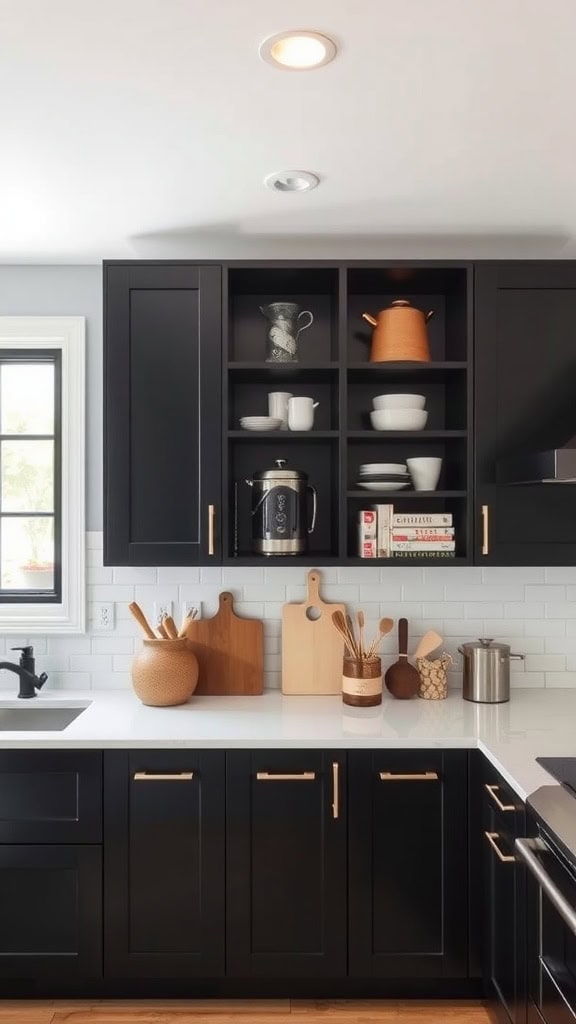 A modern black kitchen featuring smart storage solutions with open shelving and black cabinets.