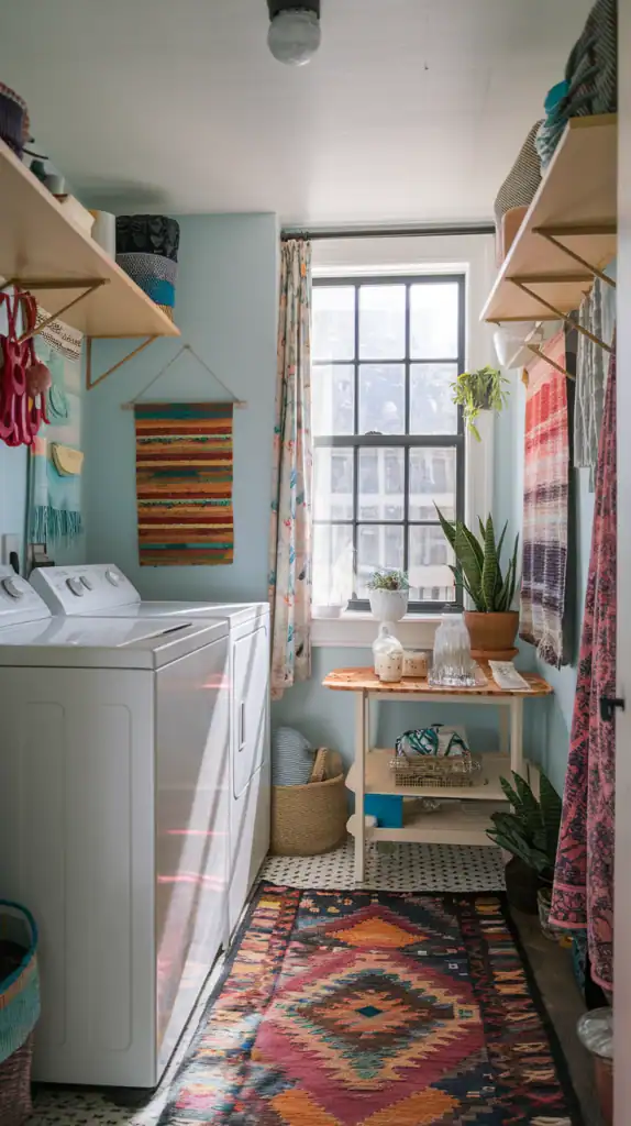 A bright and colorful tiny laundry room with pink walls, colorful patterned flooring, and natural light streaming in.