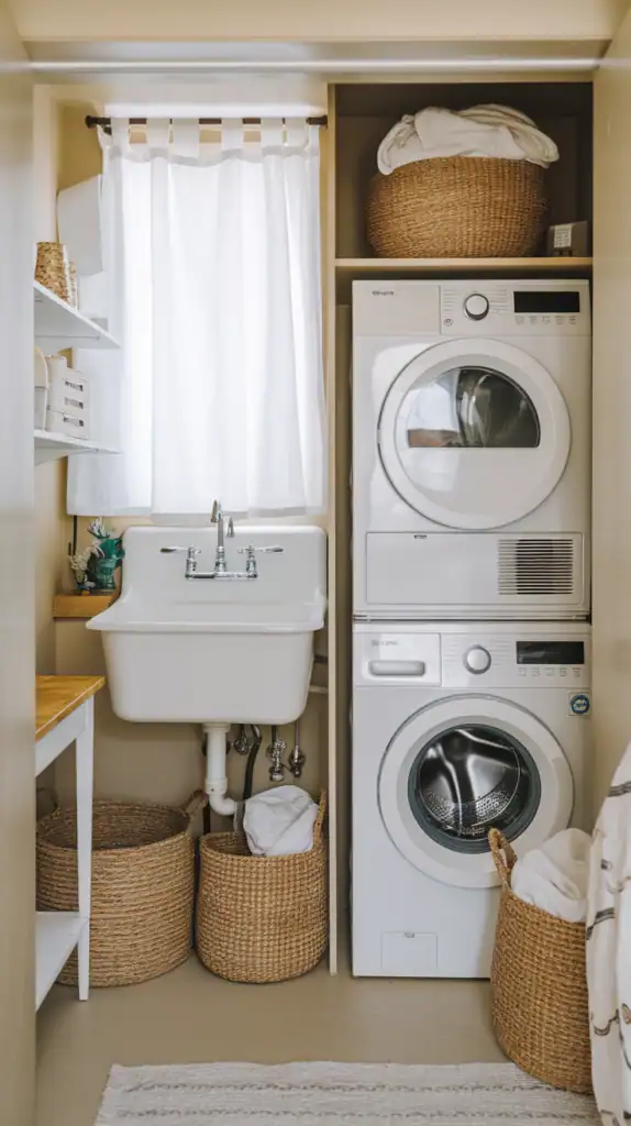 A stylish laundry room featuring woven baskets for laundry storage, a washing machine, and decorative shelving.