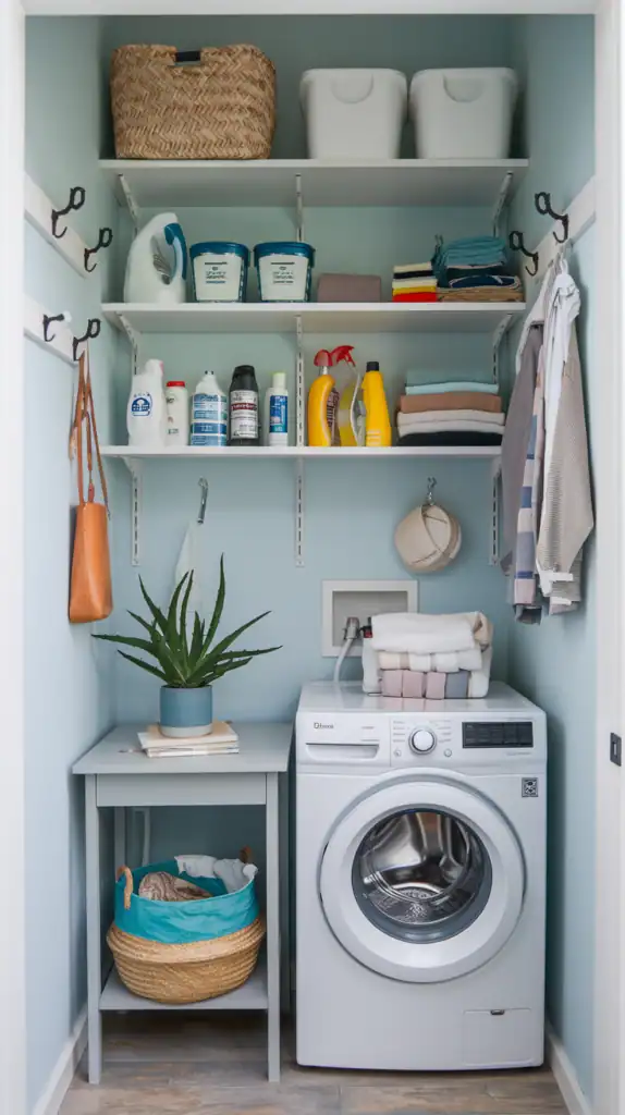 A compact laundry room featuring vertical storage solutions with shelves and organized baskets.