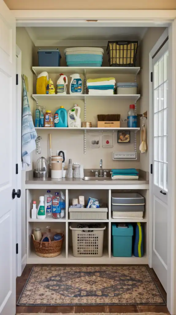 A compact laundry room with organized under-sink storage, including baskets and hanging towels.