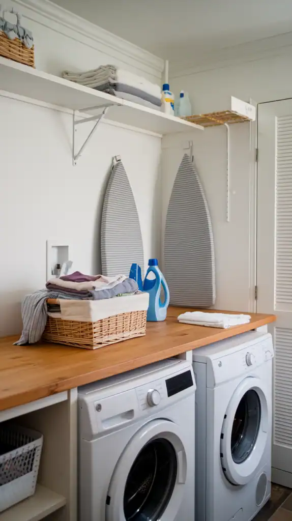 Compact laundry room featuring a wooden countertop over a washer and dryer, shelves with neatly stacked towels, and organized laundry supplies.