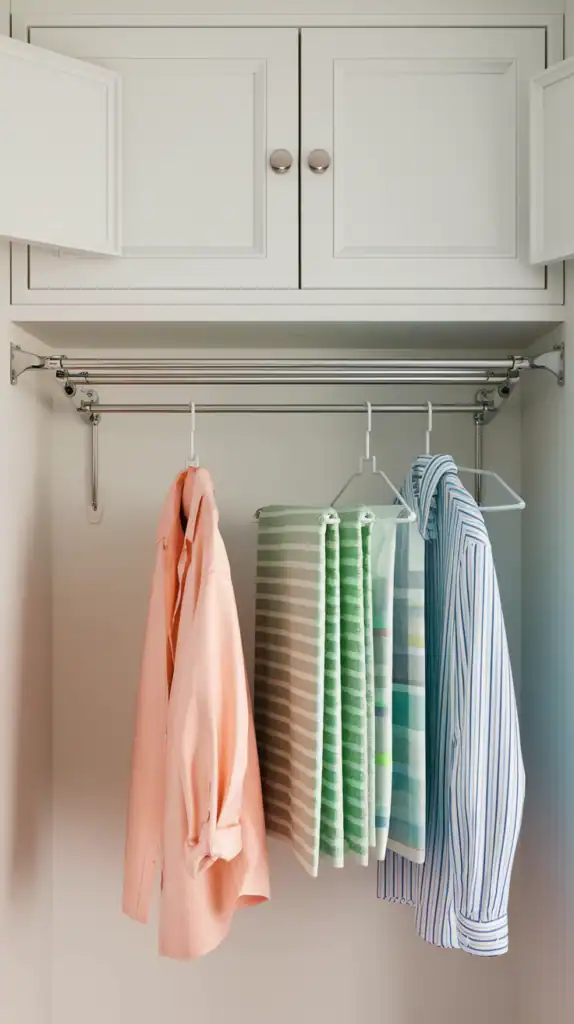 A small laundry room with a wall-mounted drying rack featuring several shirts and neatly stacked towels.