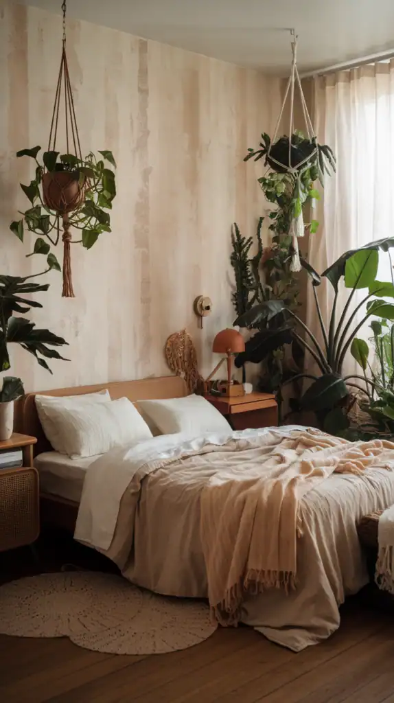Cozy bedroom with plants, wooden bed, and natural decor
