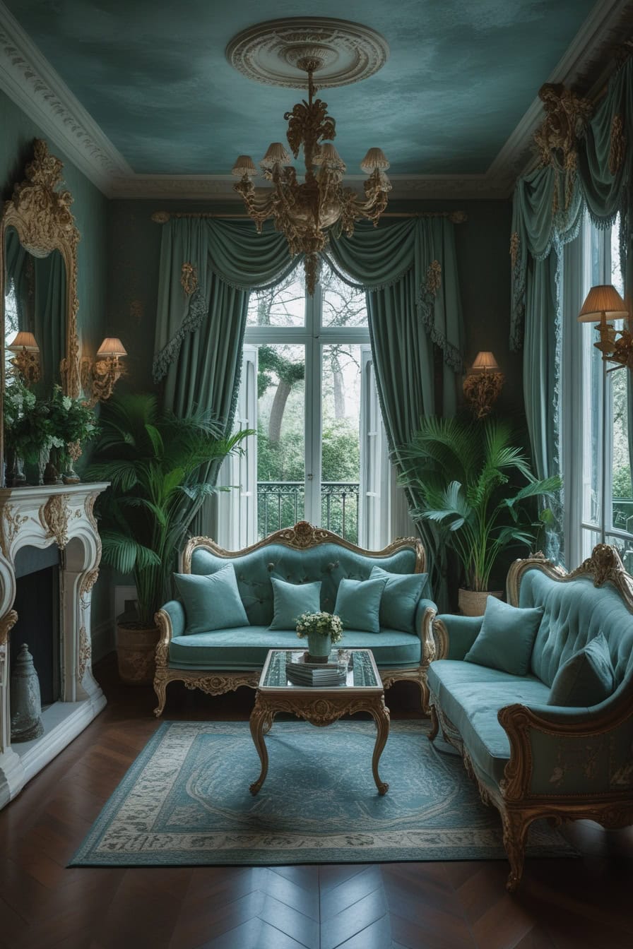 A beautifully decorated Rococo-inspired outdoor space featuring elegant furniture, lush plants, and a vibrant area rug.