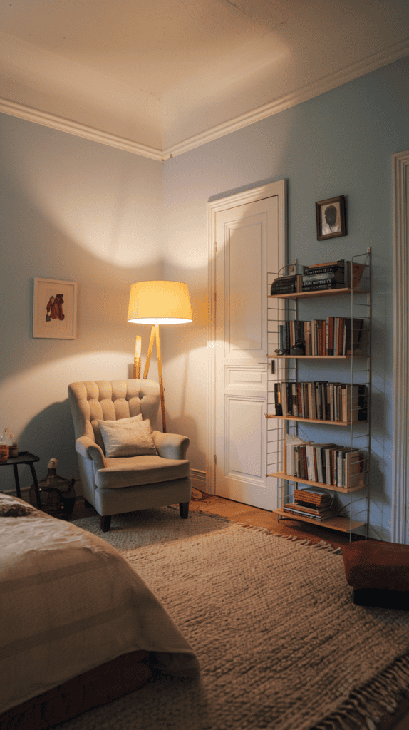Cozy and inviting social space with blue walls, light couches, and wooden furniture.