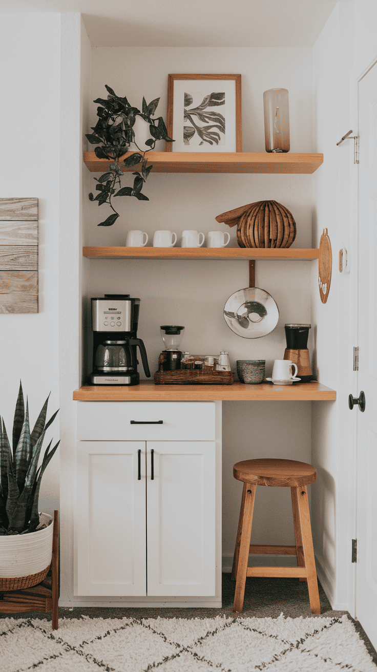 Cozy coffee nook with wooden shelves, a cushion, and plants